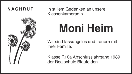 Traueranzeige von Moni Heim von Hohenloher Tagblatt