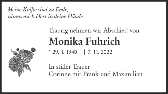 Traueranzeige von Monika Fuhrich von NWZ Neue Württembergische Zeitung