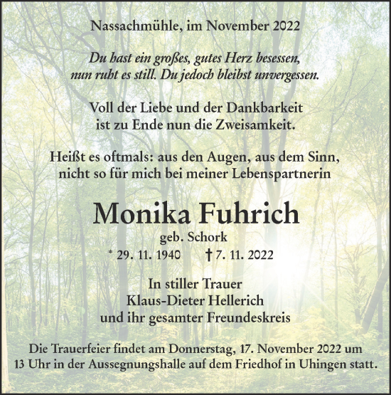 Traueranzeige von Monika Fuhrich von NWZ Neue Württembergische Zeitung