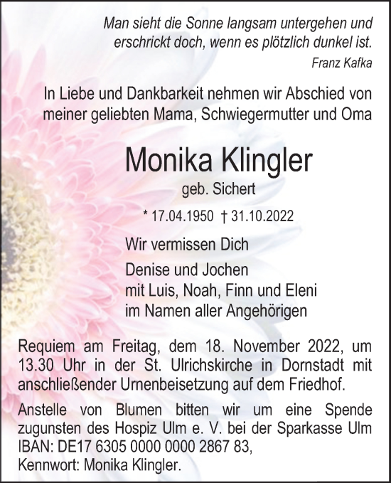 Traueranzeige von Monika Klingler von SÜDWEST PRESSE Ausgabe Ulm/Neu-Ulm