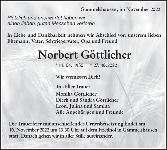 Traueranzeige von Norbert Göttlicher von NWZ Neue Württembergische Zeitung