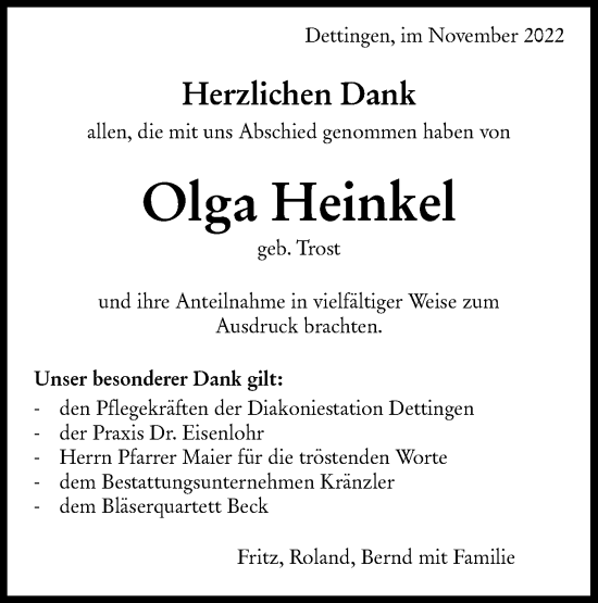 Traueranzeige von Olga Heinkel von Metzinger-Uracher Volksblatt