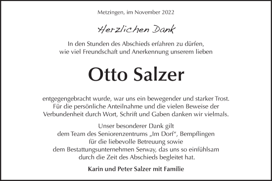 Traueranzeige von Otto Salzer von Metzinger-Uracher Volksblatt