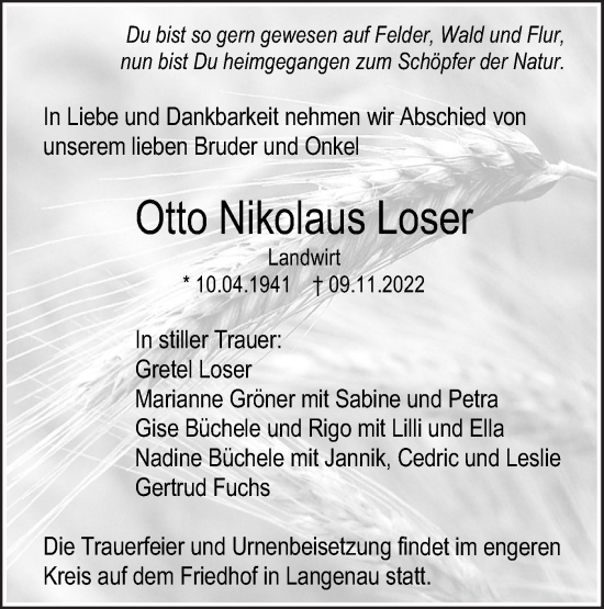 Traueranzeige von Otto Nikolaus Loser von SÜDWEST PRESSE Ausgabe Ulm/Neu-Ulm