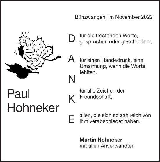 Traueranzeige von Paul Hohneker von NWZ Neue Württembergische Zeitung