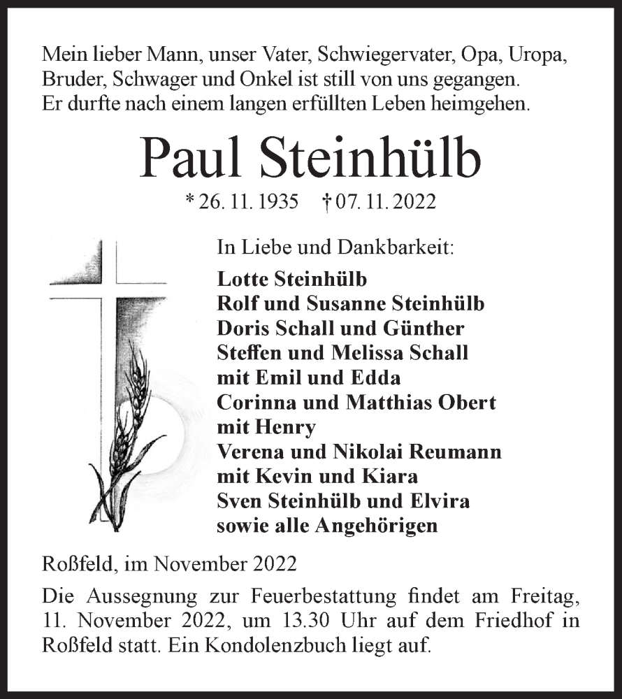  Traueranzeige für Paul Steinhülb vom 09.11.2022 aus Hohenloher Tagblatt