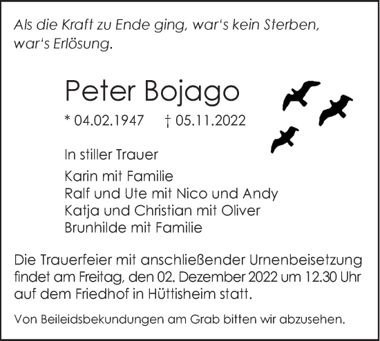 Traueranzeige von Peter Bojago von SÜDWEST PRESSE Ausgabe Ulm/Neu-Ulm