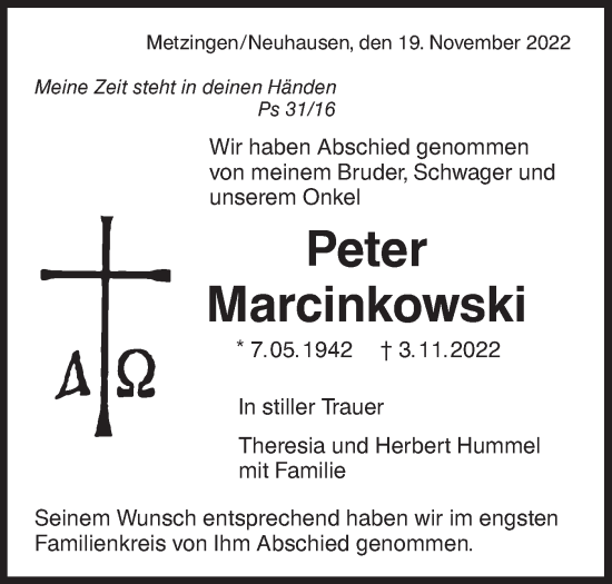 Traueranzeige von Peter Marcinkowski von Metzinger-Uracher Volksblatt