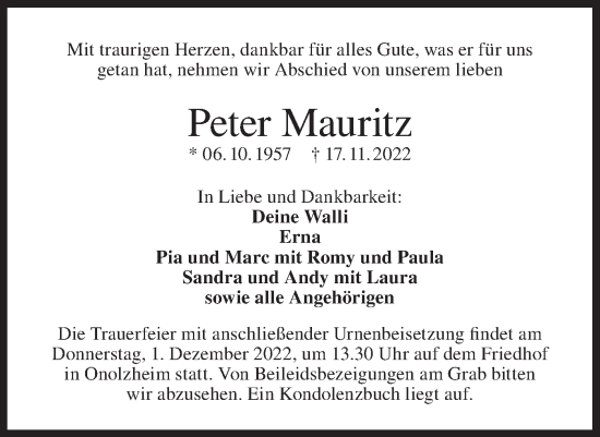 Traueranzeige von Peter Mauritz von Hohenloher Tagblatt