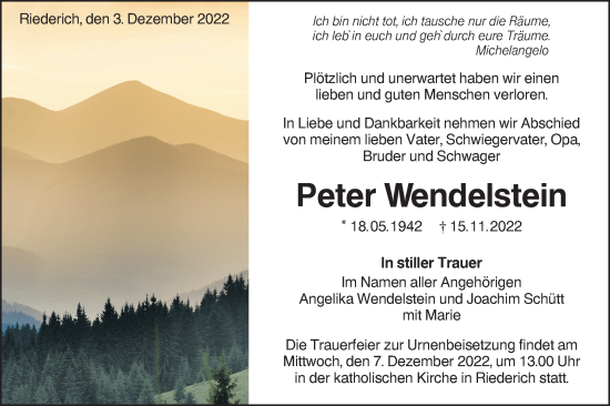 Traueranzeige von Peter Wendelstein von Metzinger-Uracher Volksblatt