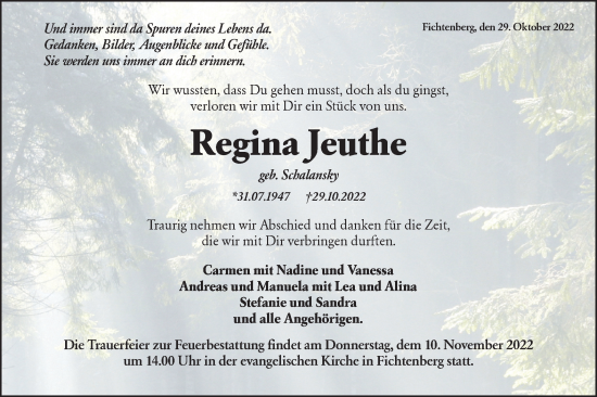 Traueranzeige von Regina Jeuthe von Rundschau Gaildorf