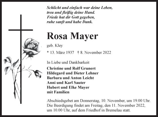 Traueranzeige von Rosa Mayer von Alb-Bote/Metzinger-Uracher Volksblatt