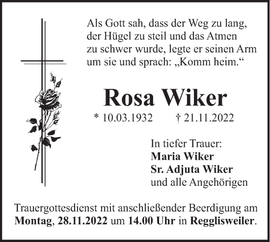 Traueranzeige von Rosa Wiker von SÜDWEST PRESSE Ausgabe Ulm/Neu-Ulm