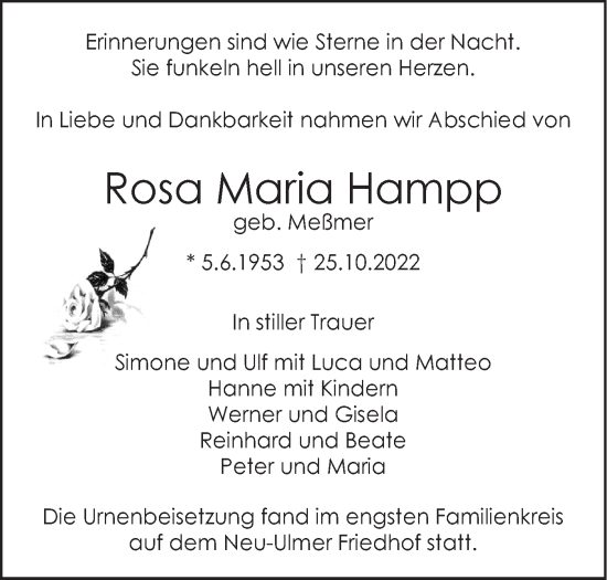 Traueranzeige von Rosa Maria Hampp von SÜDWEST PRESSE Ausgabe Ulm/Neu-Ulm