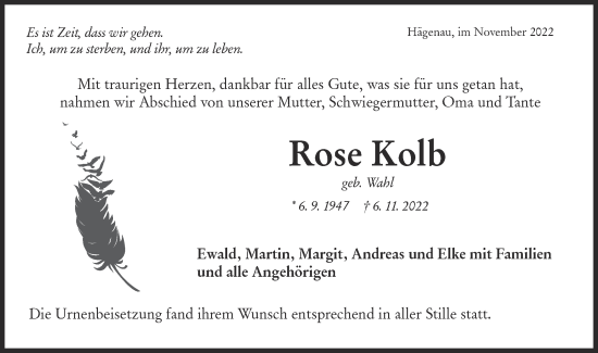 Traueranzeige von Rose Kolb von Rundschau Gaildorf