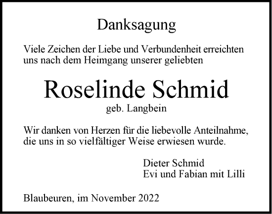 Traueranzeige von Roselinde Schmid von SÜDWEST PRESSE Ausgabe Ulm/Neu-Ulm