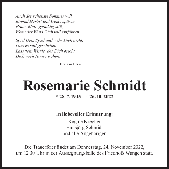 Traueranzeige von Rosemarie Schmidt von NWZ Neue Württembergische Zeitung