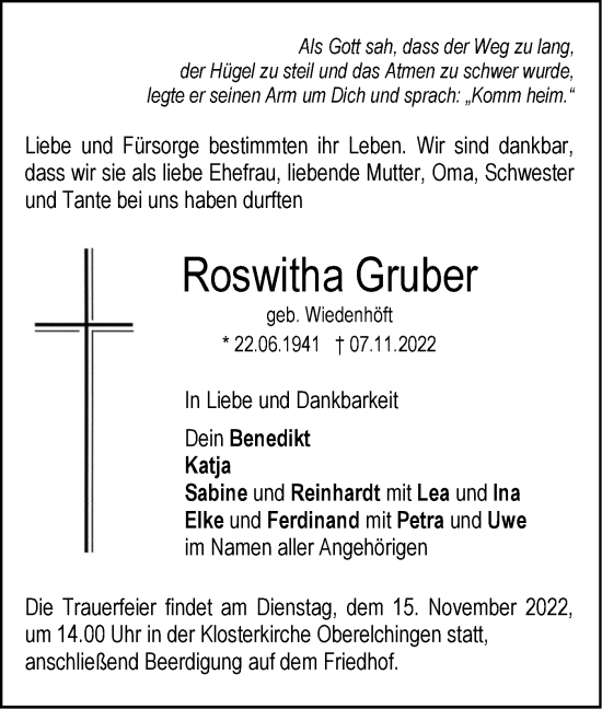 Traueranzeige von Roswitha Gruber von SÜDWEST PRESSE Ausgabe Ulm/Neu-Ulm