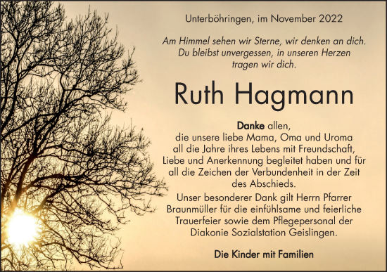 Traueranzeige von Ruth Hagmann von Geislinger Zeitung