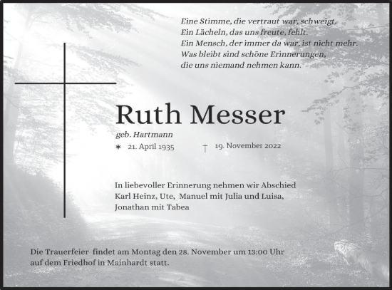 Traueranzeige von Ruth Messer von Haller Tagblatt