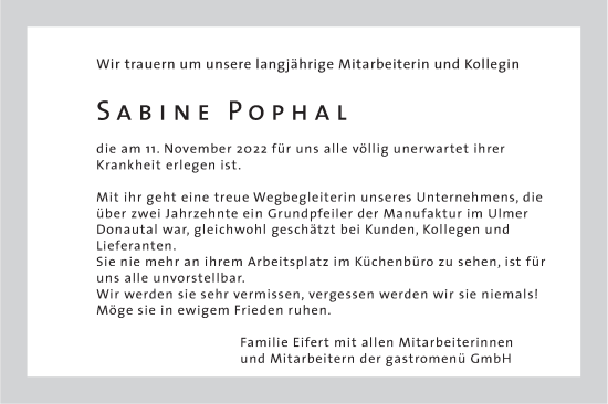 Traueranzeige von Sabine Pophal von SÜDWEST PRESSE Ausgabe Ulm/Neu-Ulm