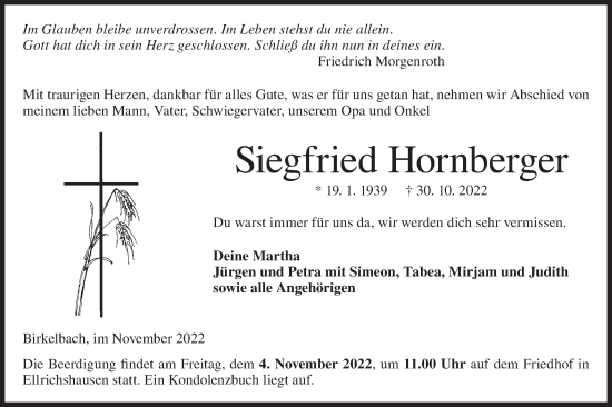 Traueranzeige von Siegfried Hornberger von Hohenloher Tagblatt