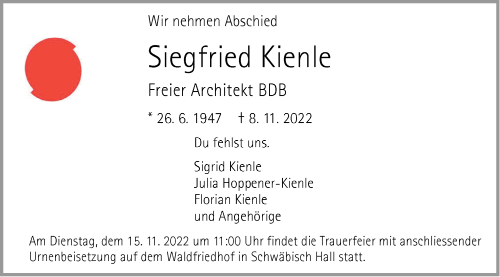  Traueranzeige für Siegfried Kienle vom 12.11.2022 aus Haller Tagblatt