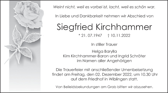 Traueranzeige von Siegfried Kirchhammer von SÜDWEST PRESSE Ausgabe Ulm/Neu-Ulm