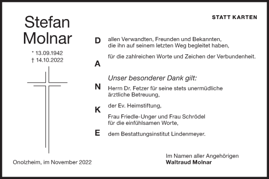 Traueranzeige von Stefan Molnar von Hohenloher Tagblatt