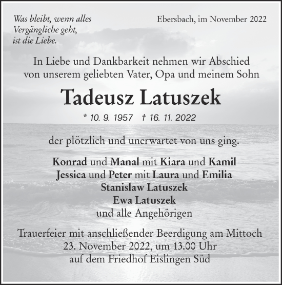 Traueranzeige von Tadeusz Latuszek von NWZ Neue Württembergische Zeitung