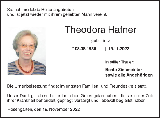 Traueranzeige von Theodora Hafner von Haller Tagblatt