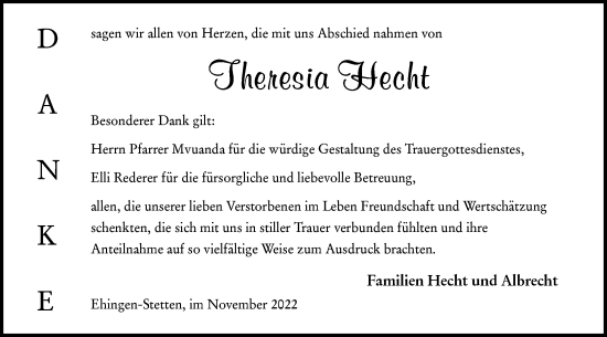 Traueranzeige von Theresia Hecht von Ehinger Tagblatt