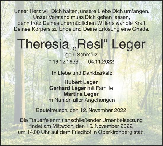 Traueranzeige von Theresia Leger von SÜDWEST PRESSE Ausgabe Ulm/Neu-Ulm