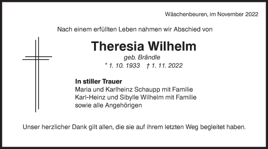 Traueranzeige von Theresia Wilhelm von NWZ Neue Württembergische Zeitung