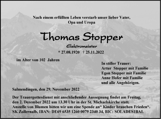 Traueranzeige von Thomas Stopper von Metzinger-Uracher Volksblatt