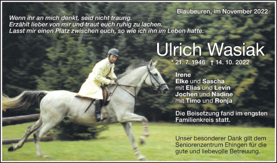 Traueranzeige von Ulrich Wasiak von SÜDWEST PRESSE Ausgabe Ulm/Neu-Ulm