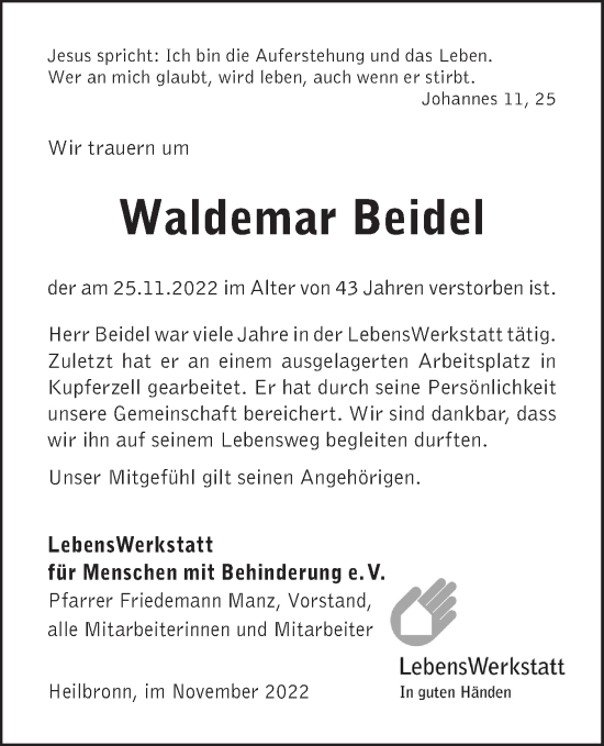 Traueranzeige von Waldemar Beidel von Haller Tagblatt