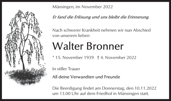 Traueranzeige von Walter Bronner von Alb-Bote/Metzinger-Uracher Volksblatt