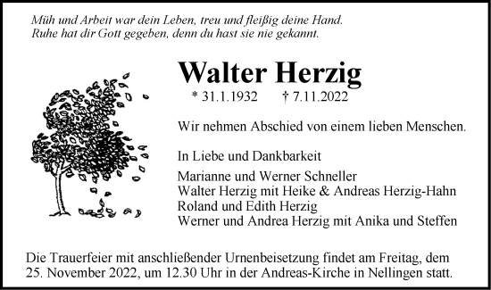 Traueranzeige von Walter Herzig von Geislinger Zeitung