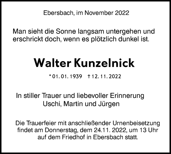 Traueranzeige von Walter Kunzelnick von NWZ Neue Württembergische Zeitung