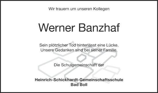 Traueranzeige von Werner Banzhaf von NWZ Neue Württembergische Zeitung