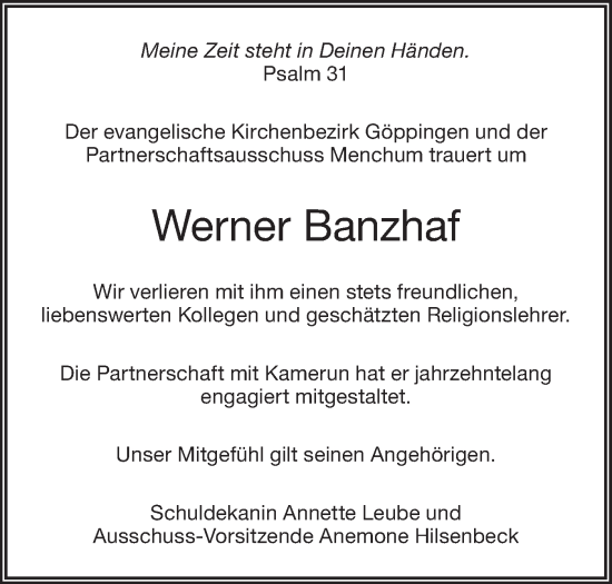 Traueranzeige von Werner Banzhaf von NWZ Neue Württembergische Zeitung