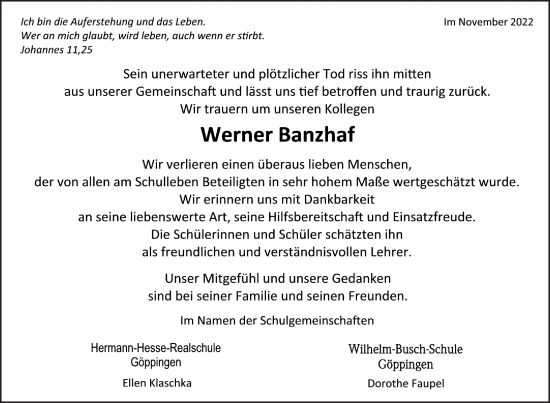 Traueranzeige von Werner Banzhaf von NWZ Neue Württembergische Zeitung