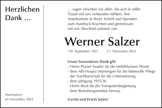 Traueranzeige von Werner Salzer von Metzinger-Uracher Volksblatt