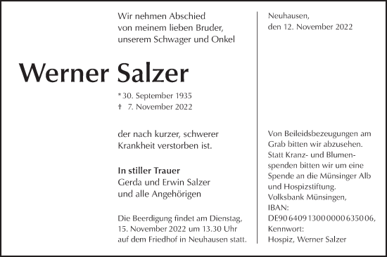 Traueranzeige von Werner Salzer von Metzinger-Uracher Volksblatt