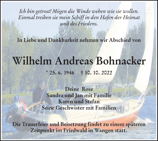 Traueranzeige von Wilhelm Andreas Bohnacker von NWZ Neue Württembergische Zeitung