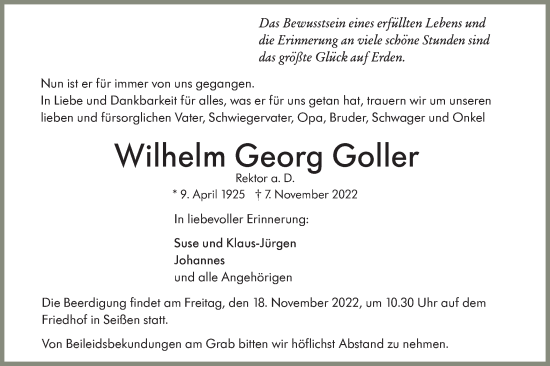 Traueranzeige von Wilhelm Georg Goller von SÜDWEST PRESSE Ausgabe Ulm/Neu-Ulm