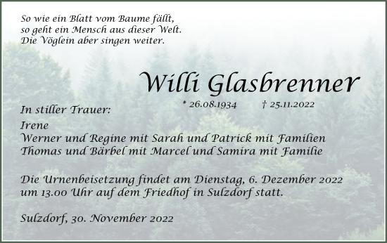 Traueranzeige von Willi Glasbrenner von Haller Tagblatt