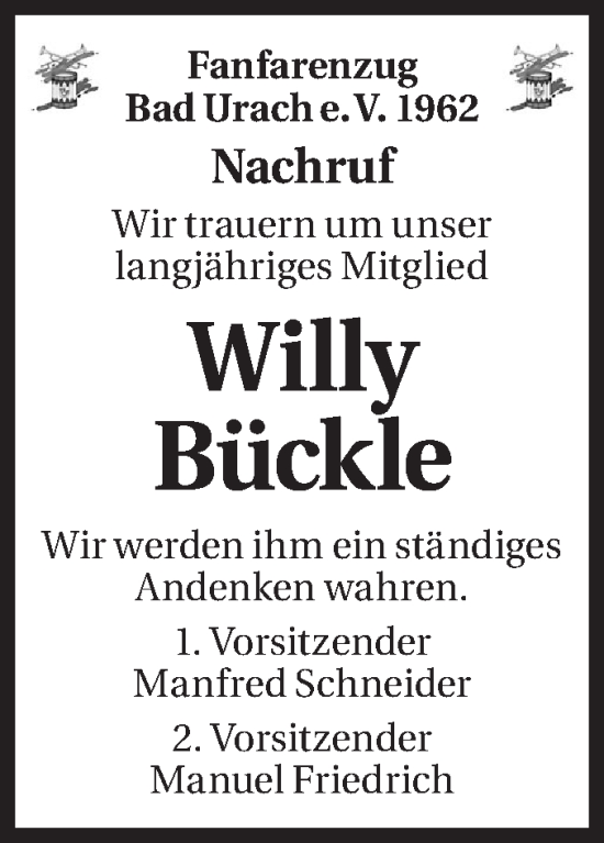 Traueranzeige von Willy Bückle von Metzinger-Uracher Volksblatt