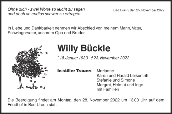 Traueranzeige von Willy Bückle von Metzinger-Uracher Volksblatt